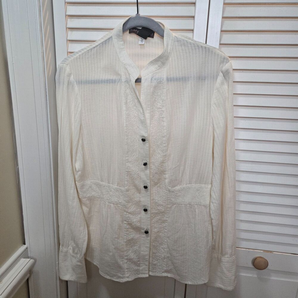 Bandolino embroidered cream stripe cottagecore western peasant cotton blouse 14